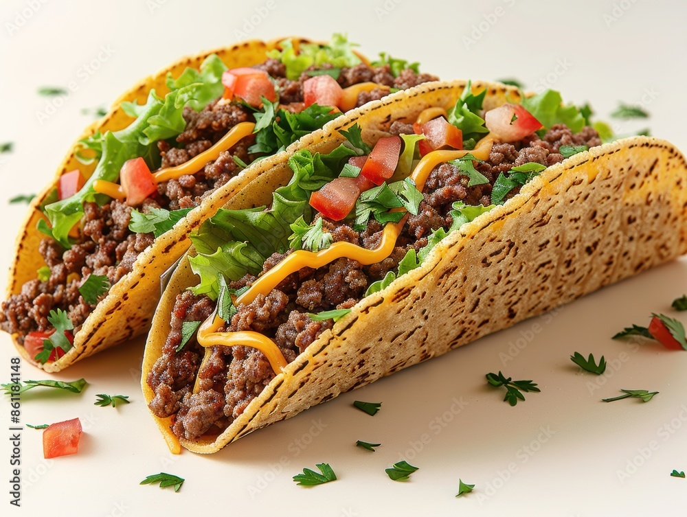 Vector illustration of a taco filled with ground beef, lettuce, cheese, and salsa. Vector illustration of a taco filled with ground beef, lettuce, cheese, and salsa.