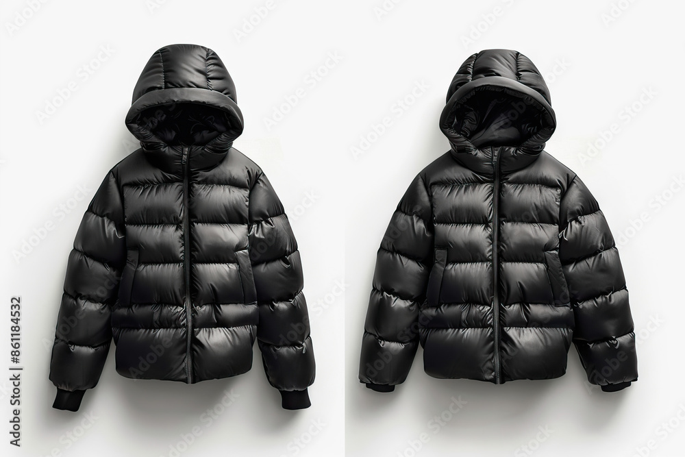 Black Puffer Jackets Isolated on White - Front and Back Views of Modern Winter Outerwear Black Puffer Jackets Isolated on White - Front and Back Views of Modern Winter Outerwear