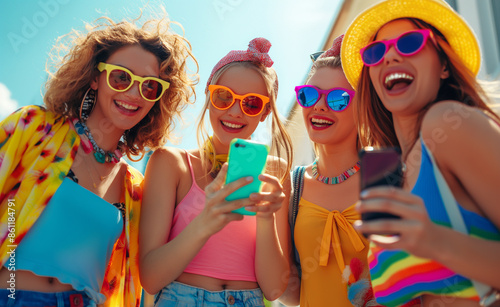 Four friends wearing colorful sunglasses and taking selfies on a sunny day.