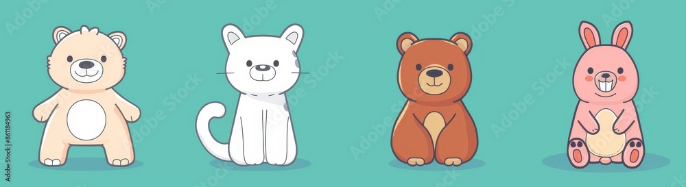 Fototapeta premium Icon set of chibi dog, cat, rabbit, and bear. Round face. Sweet cartoon character. Valentine's day. Sticker print. Flat design. Blue background. Modern illustration.