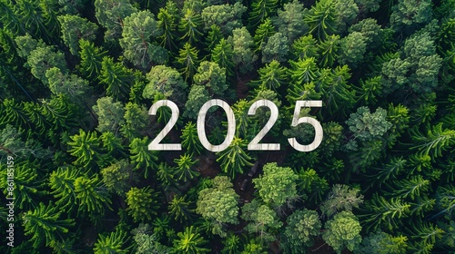 2025 New Year concept. Dense green forest with the year 2025 formed by trees, emphasizing environmental sustainability and future focus. SDGs, ESG, NetZero, and co2 concept, environmental awareness