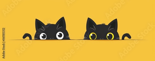 Set of cats. Happy sad black kitten head face. Hanging upside down. Happy Halloween. Notebook sticker print template. Flat design. Yellow background.