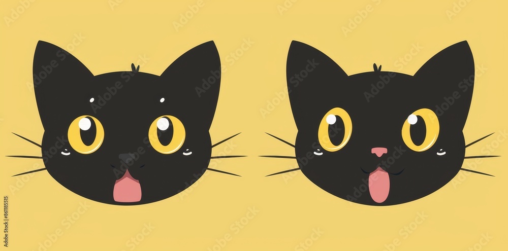 Set of funny cats. A surprised, sad, angry face head. Black kitten with big eyes. Cute kawaii pet animal icon. Cartoon funny baby character with pink ears, nose, cheeks. Yellow background. Vector. Set of funny cats. A surprised, sad, angry face head. Black kitten with big eyes. Cute kawaii pet animal icon. Cartoon funny baby character with pink ears, nose, cheeks. Yellow background. Vector.