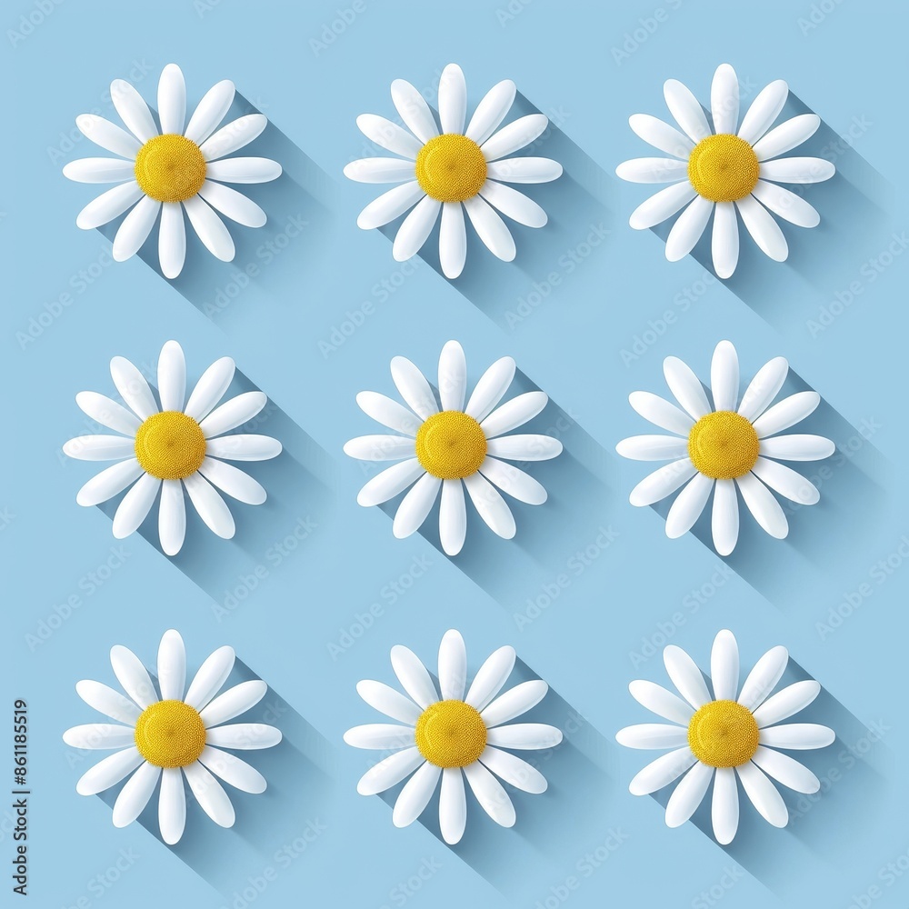 Set of four daisies and chamomile flowers. White yellow chamomile flower icon. Growing concept. Round flower head plant collection. Love card. Three-dimensional. Isolated. Green background. Modern Set of four daisies and chamomile flowers. White yellow chamomile flower icon. Growing concept. Round flower head plant collection. Love card. Three-dimensional. Isolated. Green background. Modern
