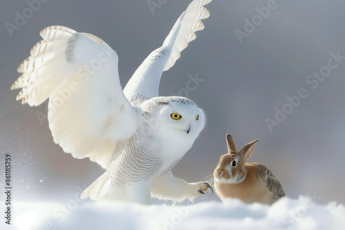 Snowy owl hunting wild rabbit in winter photo