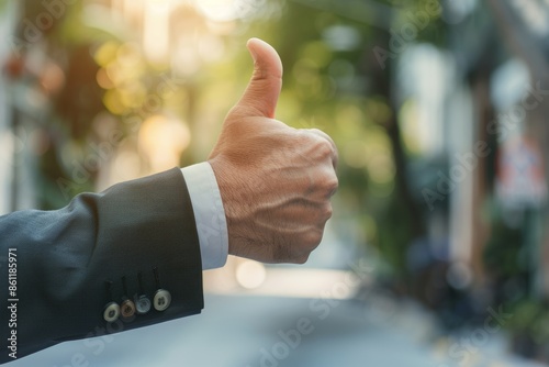 A businessman or employee leaves thumbs up in an urban town for approval, winning, or a business success. Closeup of emoji, yes sign or OK in approval.