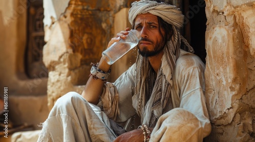 Middle Eastern Man in Traditional Clothing Drinking Water in Extreme Heat photo