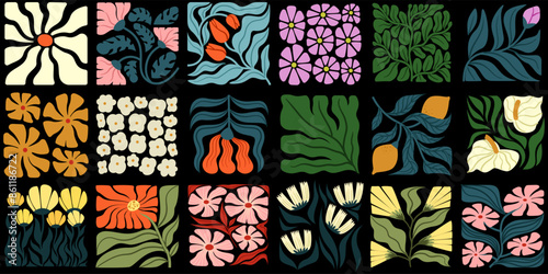 Flower pattern abstract. Matisse organic plant. Shape collage groovy style, floral organic frame, wavy illustration, pastel element square print. Summer vintage. Vector contemporary art collection