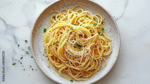 Wallpaper Mural Delicious Plate of Spaghetti Aglio Olio on Marble Background Torontodigital.ca