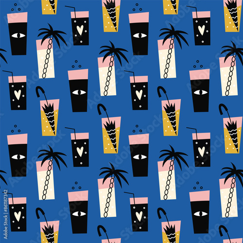 Vector seamless pattern with summer cocktalis on blue background. Modern design for fabric and paper, surface textures. 