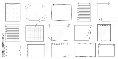 Memo sticky note reminder sheet paper. Doodle paper frame, check list with pin, tape, paperclip elements. Set cute notes, office or school messages.