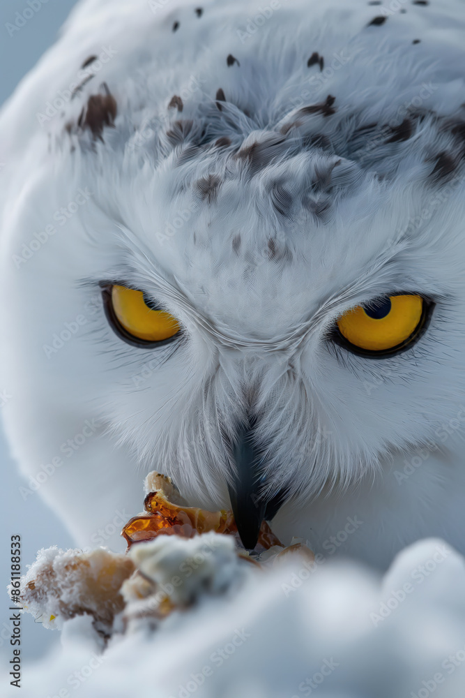 Obraz premium Snowy owl eating prey in winter snow