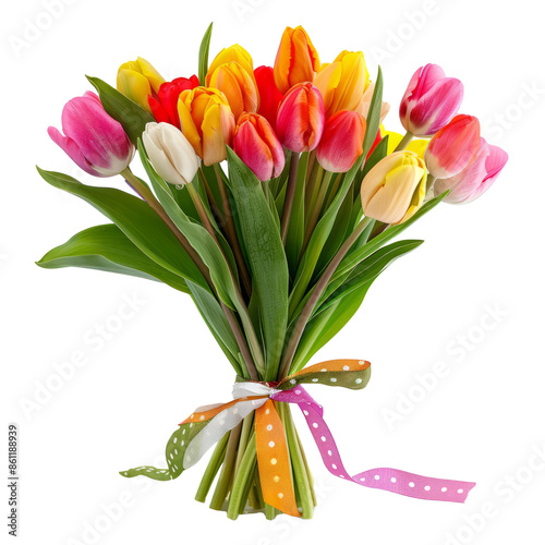 Whimsical wedding bouquet of mixed tulips in bright colors, bound with a polka-dot ribbon, isolated on a white background.