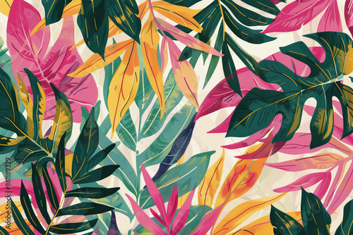 Colorful Tropical Leaves in Pink, Yellow, Green, and Orange Shades with Artistic Design on a Light Background