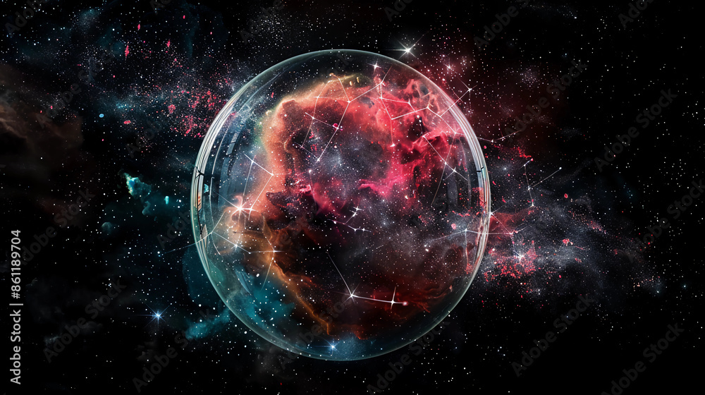 3D Spectacular cosmic cloud explosion within transparent sphere with red background. Nebula and stars in space concept with purple neon. Abstract wallpaper and creative design, AI Generative. 3D Spectacular cosmic cloud explosion within transparent sphere with red background. Nebula and stars in space concept with purple neon. Abstract wallpaper and creative design, AI Generative.