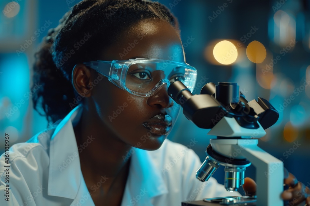 The portrait shows a young African American woman using a microscope while wearing protective glasses in a medical science laboratory. The portrait shows a young African American woman using a microscope while wearing protective glasses in a medical science laboratory.