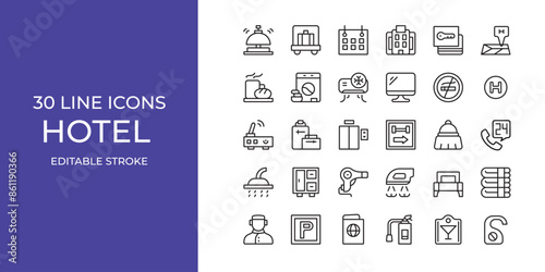 Hotel icon set vector illustration stroke editable. building, key, breakfast and more