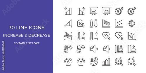 Increase and decrease icon set vector illustration stroke editable. gold, chart, presentation and more