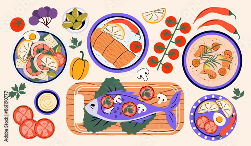 Process of cooking food from above. Ingredients for dishes and food. Chef. Kitchen. Culinary concept. Workshop. Master Class. Preparing food. Flat style. Meal. Making fish, soup, salad. Seafood. Diet