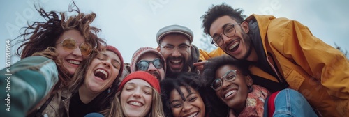 A cheerful group of friends take a selfie, capturing joy and friendship in an outdoor setting, with vibrant, happy expressions and joyful interaction.