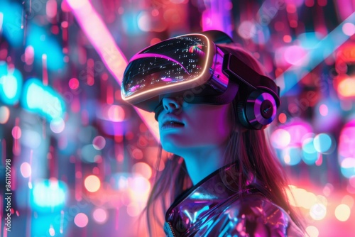 An amazed young woman explores the metaverse's virtual space while wearing a VR headset. This is a gaming and futuristic entertainment concept.