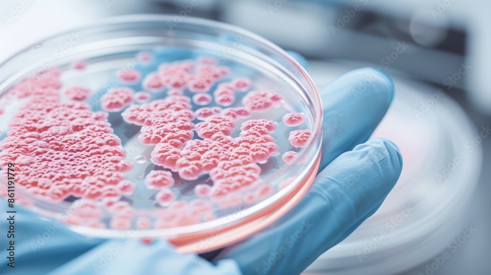 Scientist's gloved hand presenting a petri dish containing pink bacterial growth, detailed view of colonies, sterile laboratory environment Scientist's gloved hand presenting a petri dish containing pink bacterial growth, detailed view of colonies, sterile laboratory environment