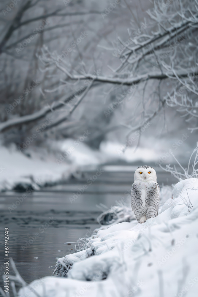 Obraz premium Snowy owl perched on riverbank in winter wonderland