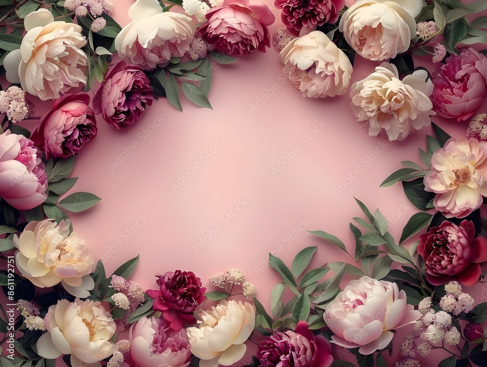 Romantic Floral Frame with Roses and Peonies on Soft Pink Background Romantic Floral Frame with Roses and Peonies on Soft Pink Background