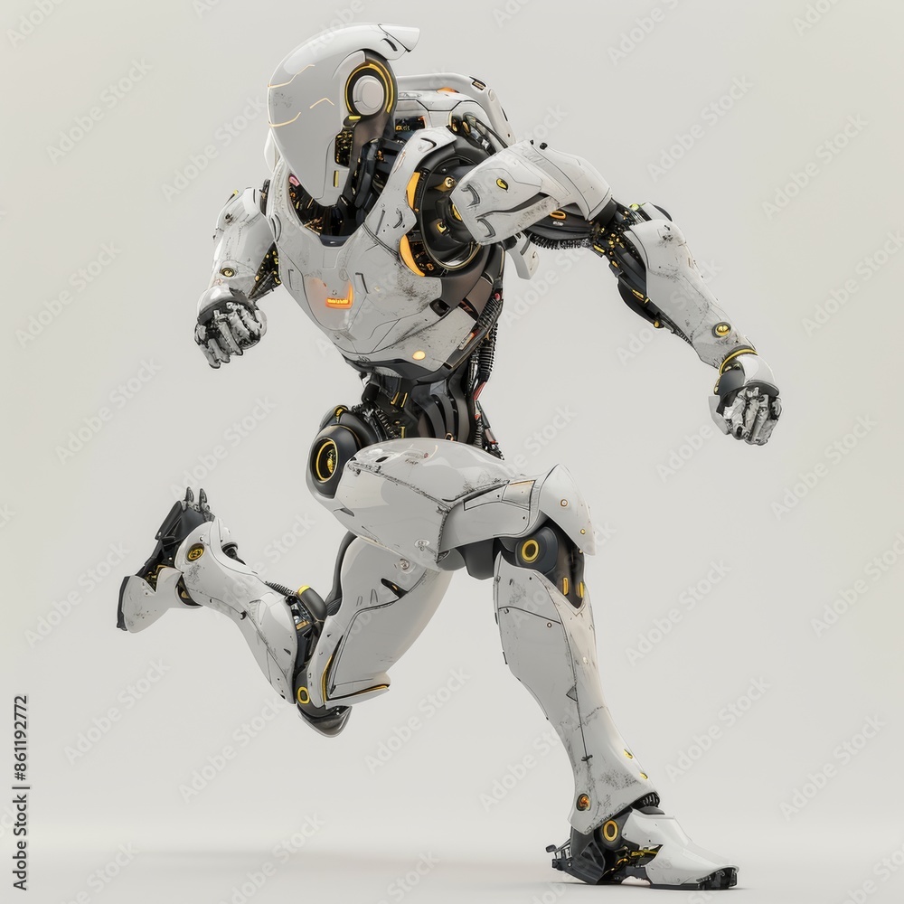 Towards the side, a future soldier walks against a white background Towards the side, a future soldier walks against a white background