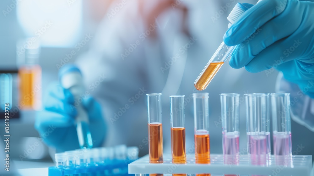 Technician at a lab bench, methodically filling test tubes with liquids, orderly tray, modern lab equipment in the background, professional atmosphere Technician at a lab bench, methodically filling test tubes with liquids, orderly tray, modern lab equipment in the background, professional atmosphere