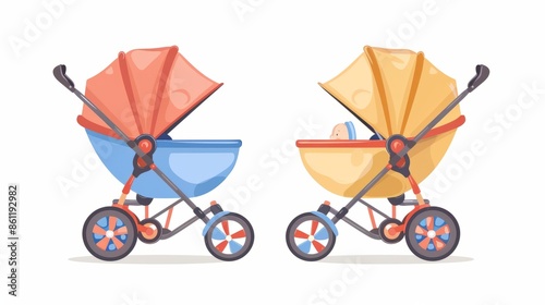 Cartoon illustration of pushchairs. Baby cart, child stroller kid safety carriage cute pram toddler children ride buggy trolley twins perambulator pushchair cradle photo