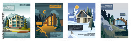 Architecture posters. House building. Modern estate. Homes in forest. Abstract design landscape. Summer and winter panorama. Mountain chalet. Lake cottage. Nature scenery. Vector housing banners set