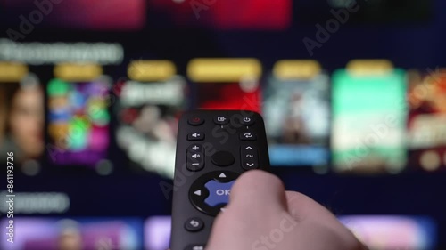 Streaming Television. Hand Holding TV Stick Surfing The Smart TV. Internet Online Cinema. Video on Demand