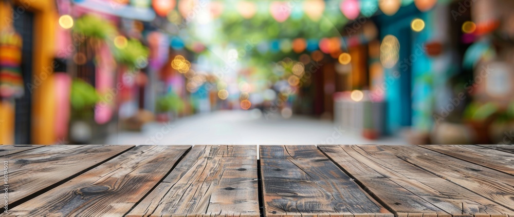 Wooden tabletop with a blurry background of colorful decorations Wooden tabletop with a blurry background of colorful decorations