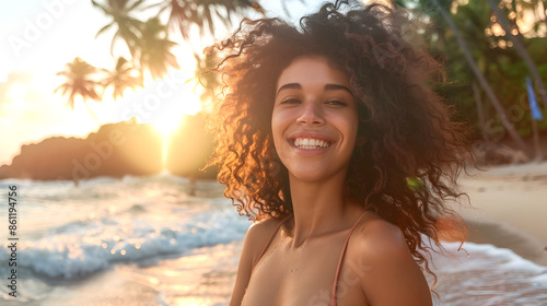 A young woman with curly hair wearing a bikini embraces the tranquil atmosphere of a tropical beach during a beautiful sunset  She is smiling joyfully basking in the warmth and serenity of the ocean