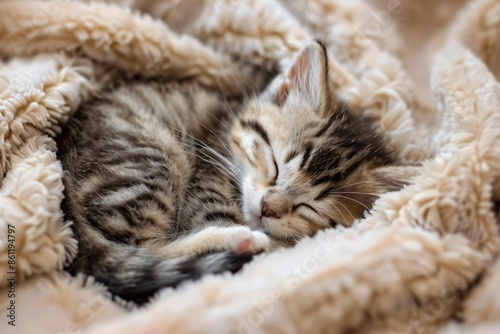 A kitten is sleeping on a blanket © IOLA