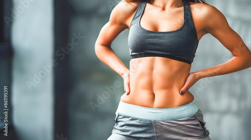 Muscular Fit Woman with Toned Abs and Athletic Physique  Attractive female model with perfect abdominal muscles showcasing her fitness and wellness lifestyle