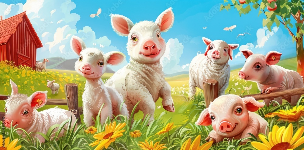 Fototapeta premium Five Piglets in a Sunny Meadow
