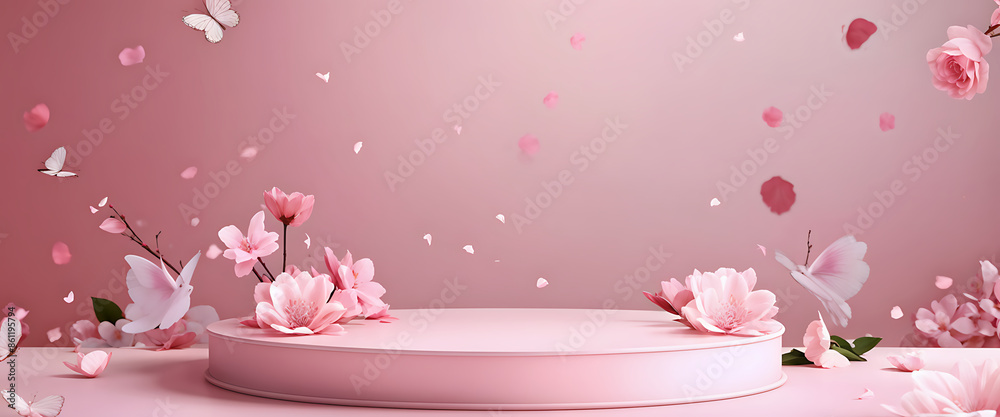 Butterfly podium background pink 3D flower pedestal rose stage cosmetic wedding platform. Background podium gold butterfly arch floral beauty spring presentation shop paper day product mockup showcase Butterfly podium background pink 3D flower pedestal rose stage cosmetic wedding platform. Background podium gold butterfly arch floral beauty spring presentation shop paper day product mockup showcase