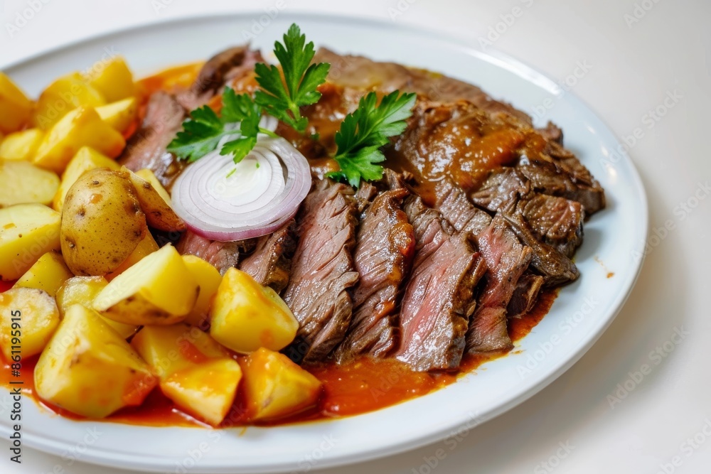 Hearty Beef and Potato Dish with Rich Tomato Sauce Ready to Enjoy Hearty Beef and Potato Dish with Rich Tomato Sauce Ready to Enjoy