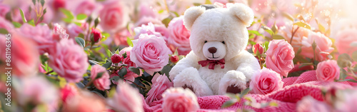 A pink and white teddy bear sitting in pink roses illuminated by the warm sunlight in background   © Samra