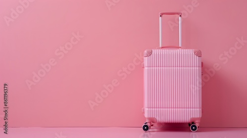 Pink suitcase on pink background with copy space. Holiday, trip, travel, journey, weekend concept advertisement.