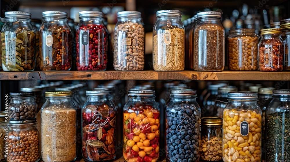 Pantry cluttered with jars and labels. Pantry cluttered with jars and labels.