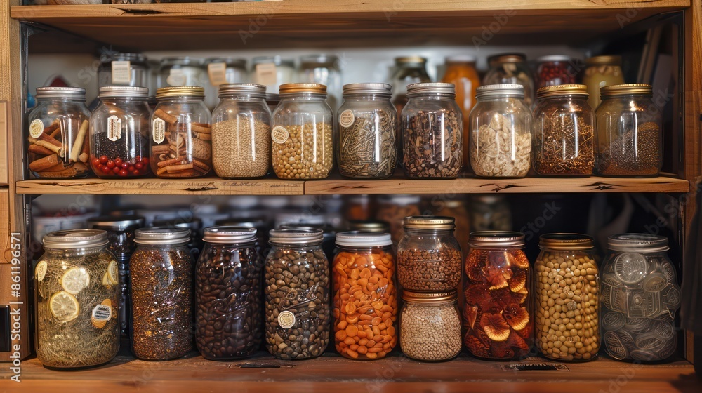 Pantry cluttered with jars and labels. Pantry cluttered with jars and labels.