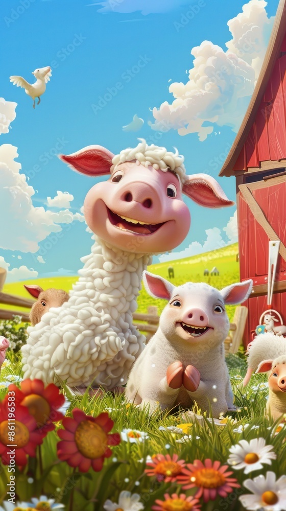 Fototapeta premium Cute Farm Animals in a Summer Field