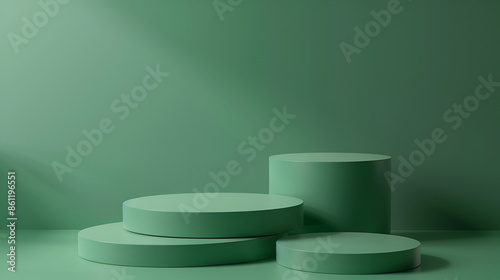 Green Showcase Podium composition, Scene to show products, Dark green stand on a dark green background,podium for product presentation,3D rendering, Background with runway blocks for advertising 
