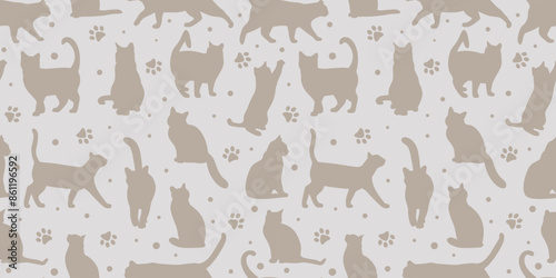 Cat nude seamless repeating pattern vector backgorund, with kitten silhouettes and paws, wallpaper concept