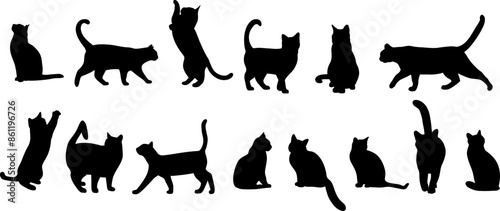 Cat silhouette clip art set, kitten isolated decorative elements, different poses for logo design
