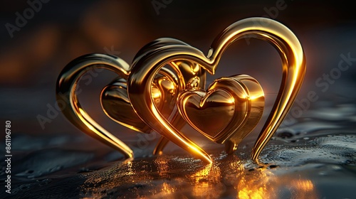 render of three golden hearts interlocked, shining against a dark background photo