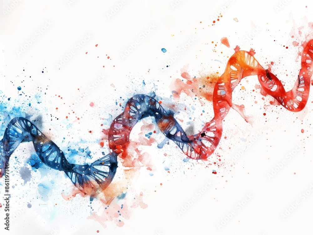 Abstract DNA double helix with vibrant watercolor splashes, symbolizing genetics, science, and life. Abstract DNA double helix with vibrant watercolor splashes, symbolizing genetics, science, and life.